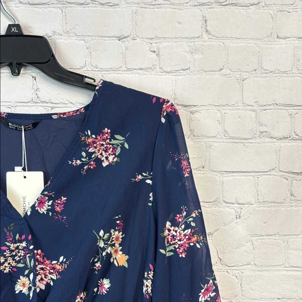 BloomChic Blue and Pink Floral Long Sleeve Sheer Overlay Dress - Picture 3 of 7